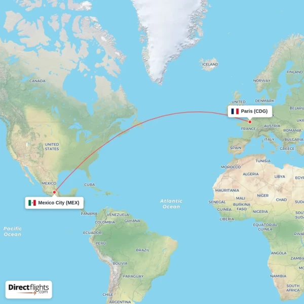 Paris - Mexico City direct flight map