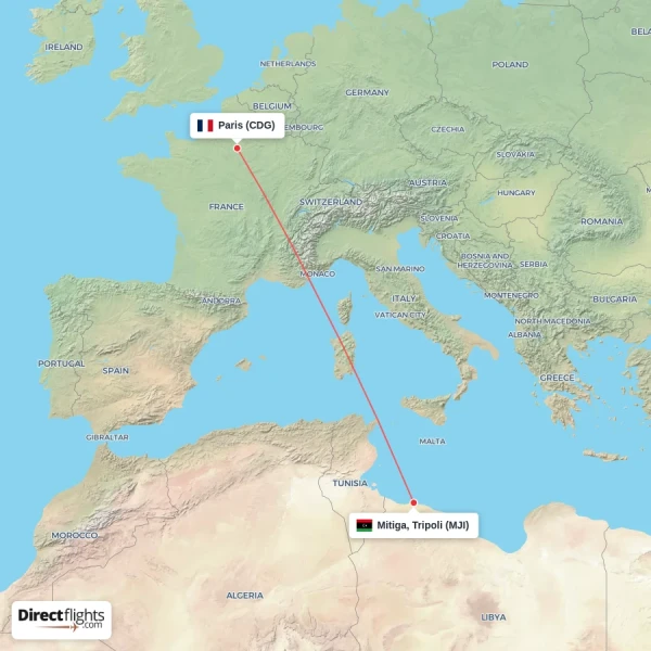 Paris - Mitiga, Tripoli direct flight map