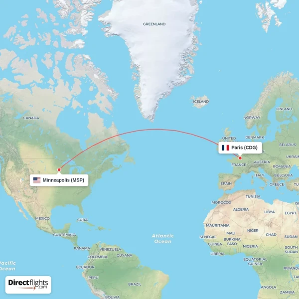 Paris - Minneapolis direct flight map