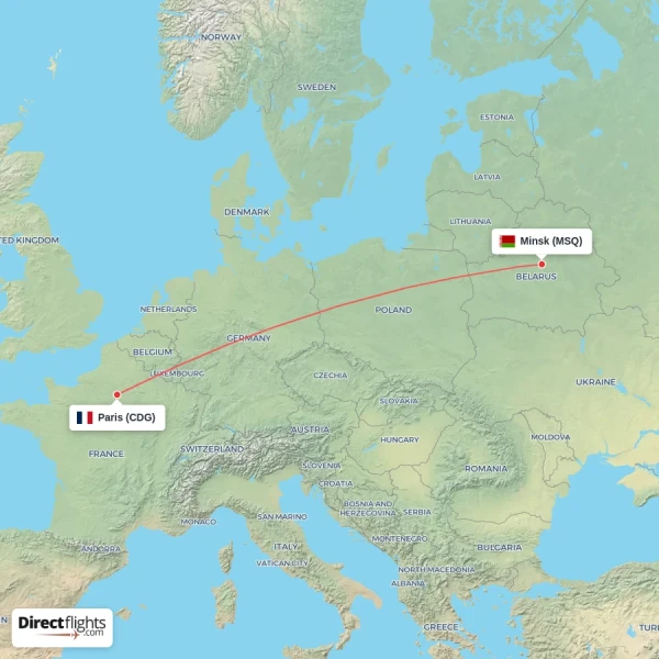 Paris - Minsk direct flight map