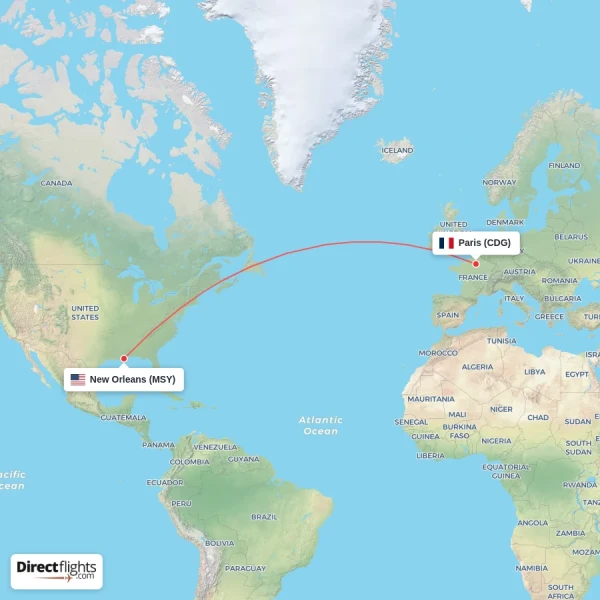 Paris - New Orleans direct flight map