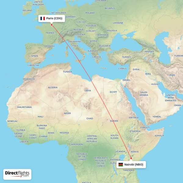 Paris - Nairobi direct flight map