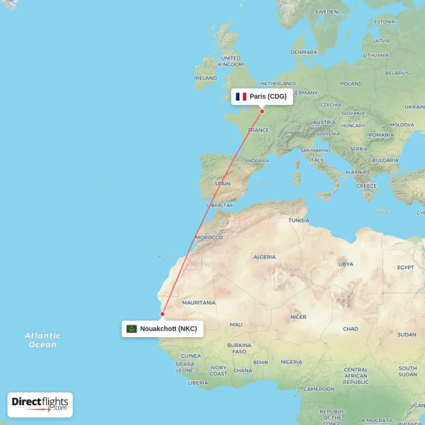 Paris - Nouakchott direct flight map