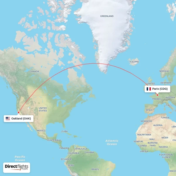 Paris - Oakland direct flight map