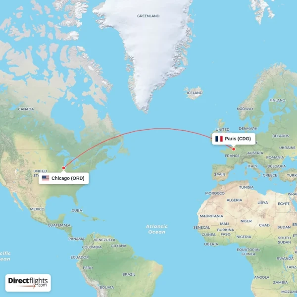 Paris - Chicago direct flight map
