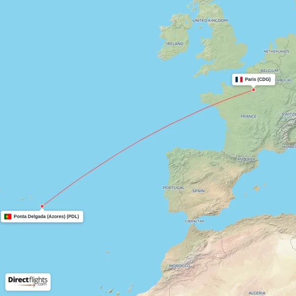 Paris - Ponta Delgada (Azores) direct flight map