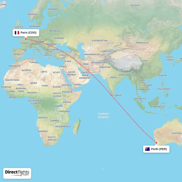 Paris - Perth direct flight map