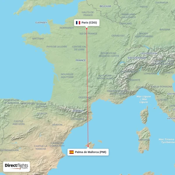 Paris - Palma de Mallorca direct flight map