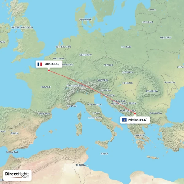Paris - Pristina direct flight map