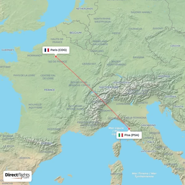Paris - Pisa direct flight map