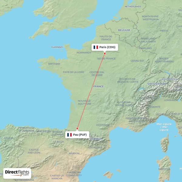 Paris - Pau direct flight map