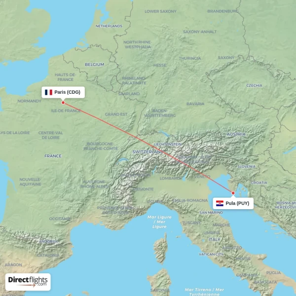 Paris - Pula direct flight map