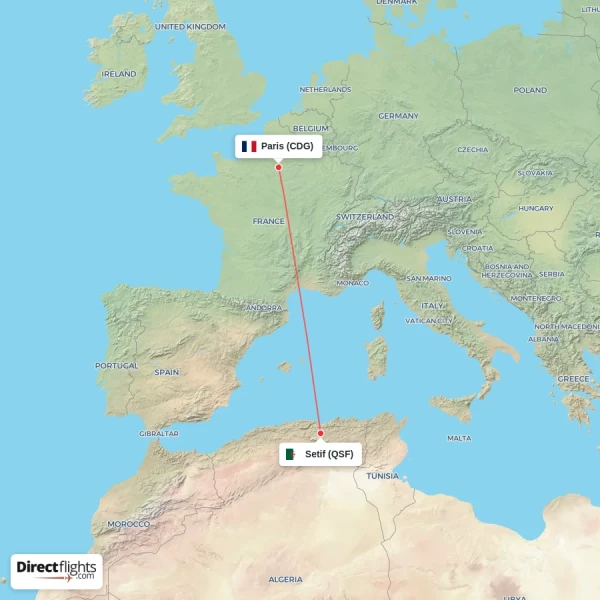 Paris - Setif direct flight map