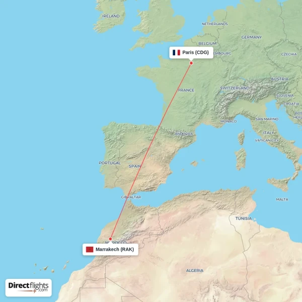 Paris - Marrakech direct flight map