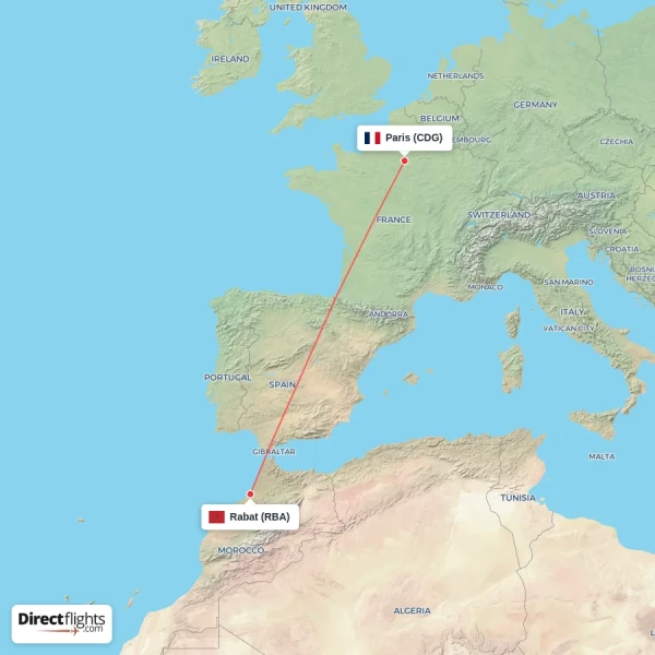 Paris - Rabat direct flight map