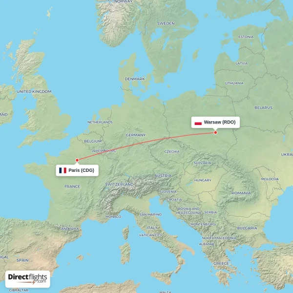 Paris - Warsaw direct flight map