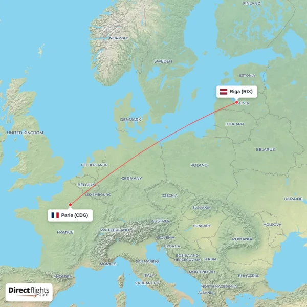 Paris - Riga direct flight map