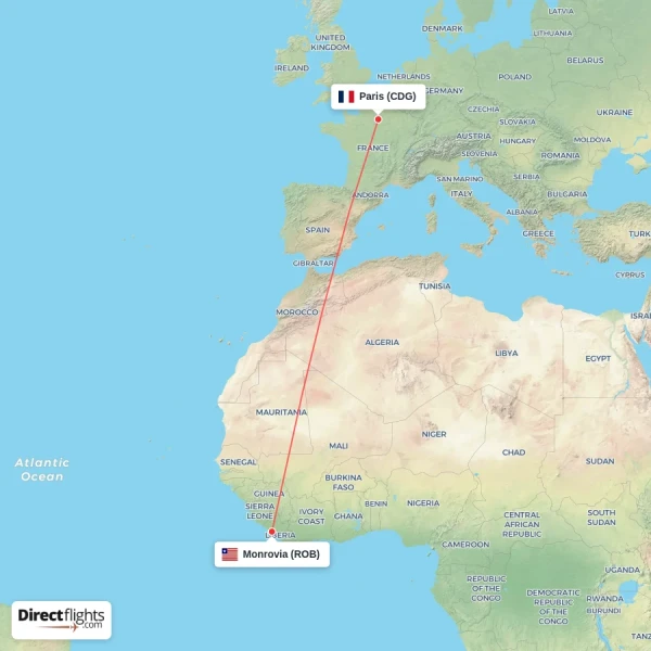 Paris - Monrovia direct flight map
