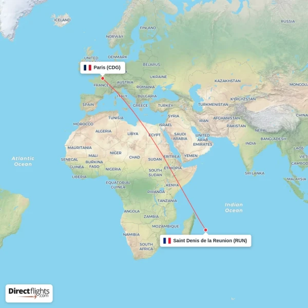 Paris - Saint Denis de la Reunion direct flight map