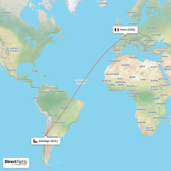 Paris - Santiago direct flight map