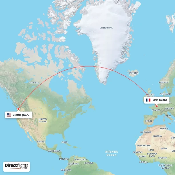 Paris - Seattle direct flight map
