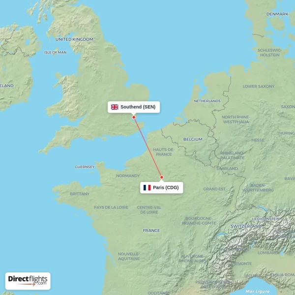 Paris - Southend direct flight map