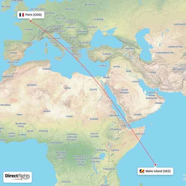 Paris - Mahe Island direct flight map