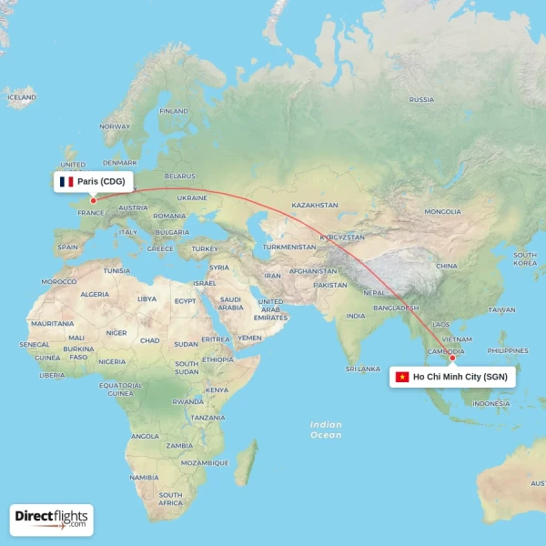 Paris - Ho Chi Minh City direct flight map