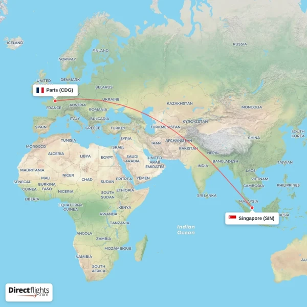 Paris - Singapore direct flight map