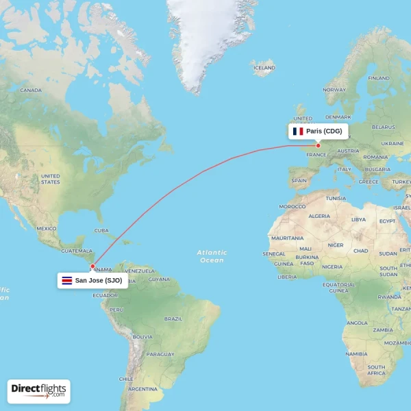 Paris - San Jose direct flight map