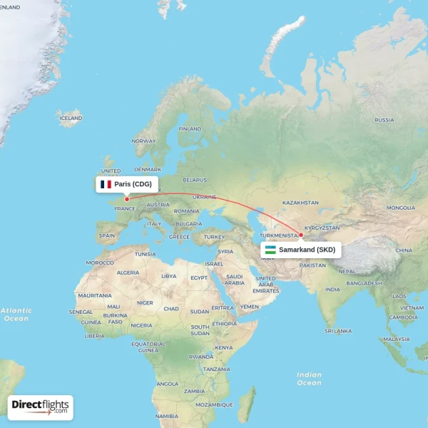 Paris - Samarkand direct flight map