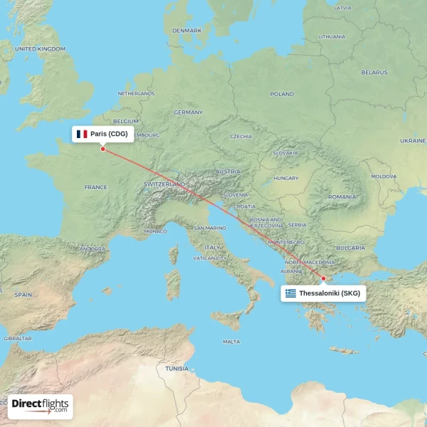 Paris - Thessaloniki direct flight map