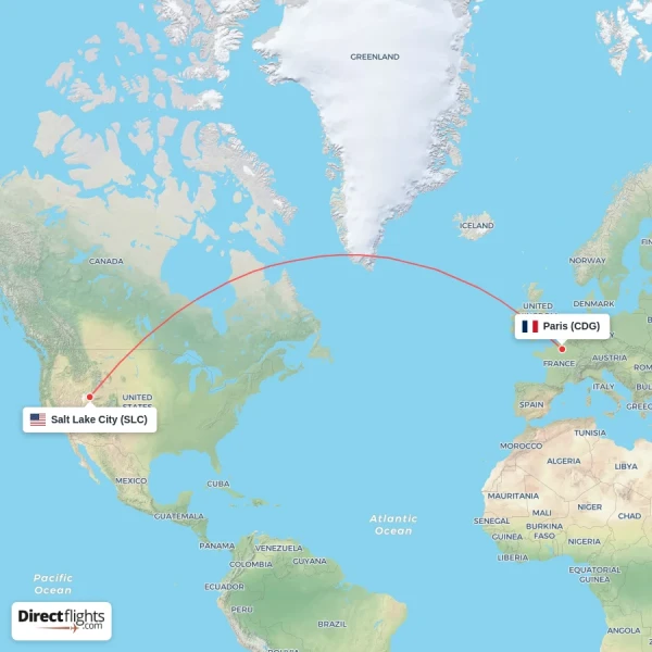 Paris - Salt Lake City direct flight map
