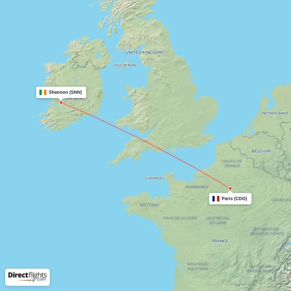 Paris - Shannon direct flight map