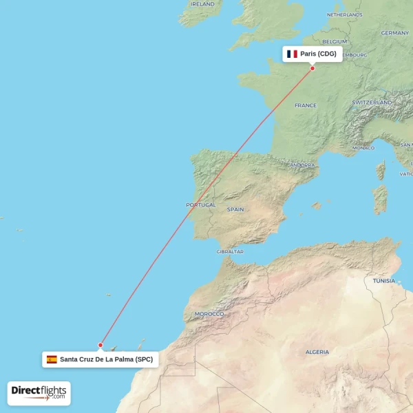 Paris - Santa Cruz De La Palma direct flight map