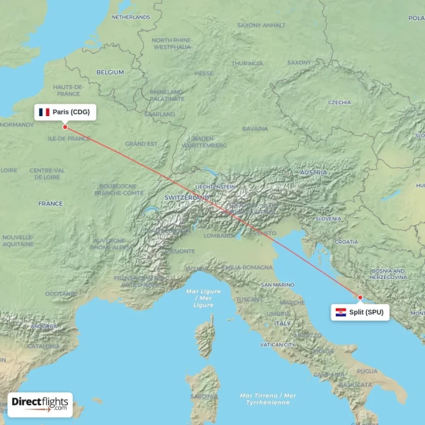 Paris - Split direct flight map