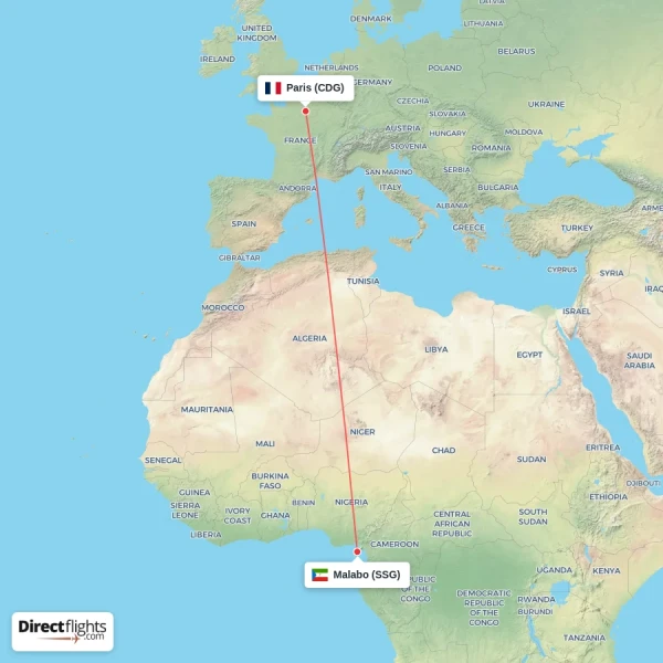 Paris - Malabo direct flight map
