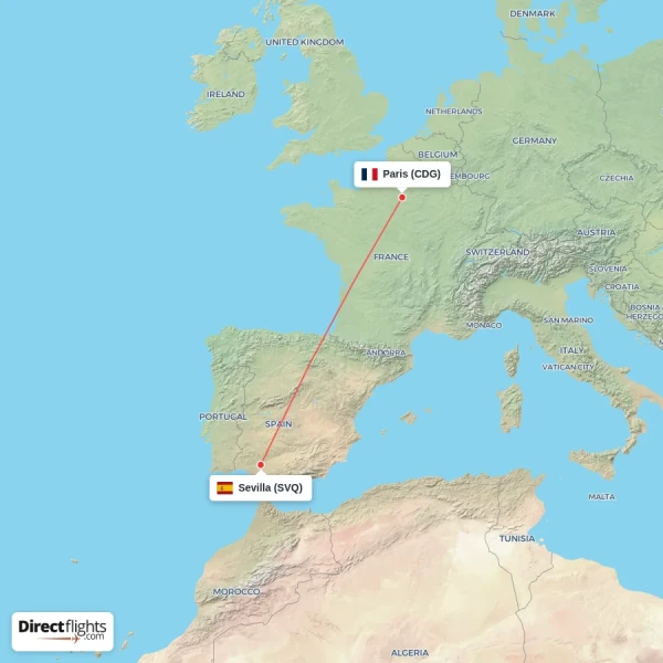 Paris - Sevilla direct flight map