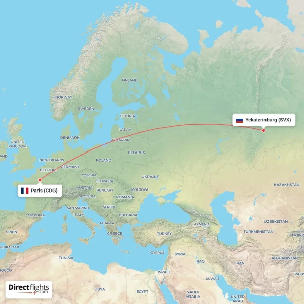 Paris - Yekaterinburg direct flight map