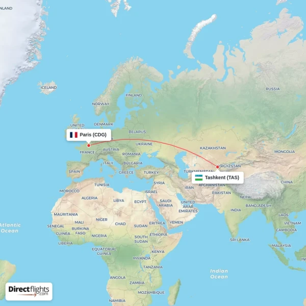 Paris - Tashkent direct flight map