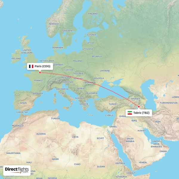 Paris - Tabriz direct flight map