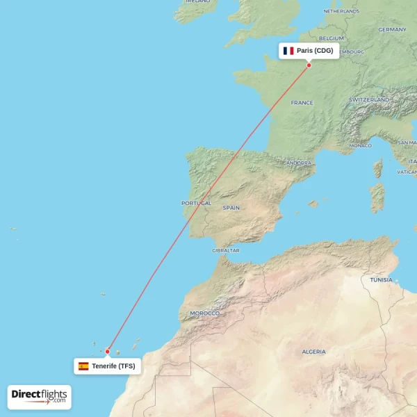 Paris - Tenerife direct flight map
