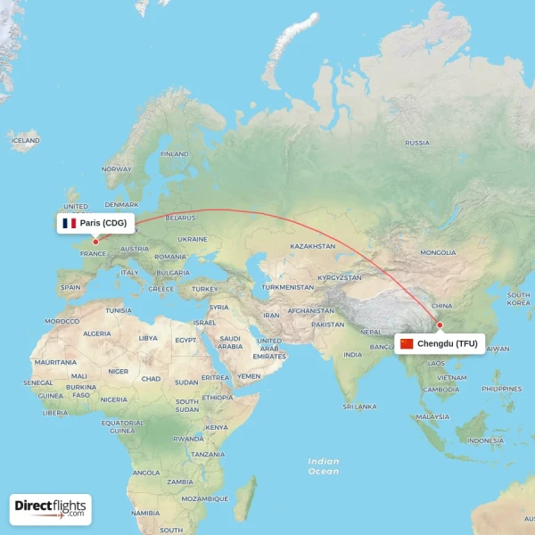 Paris - Chengdu direct flight map