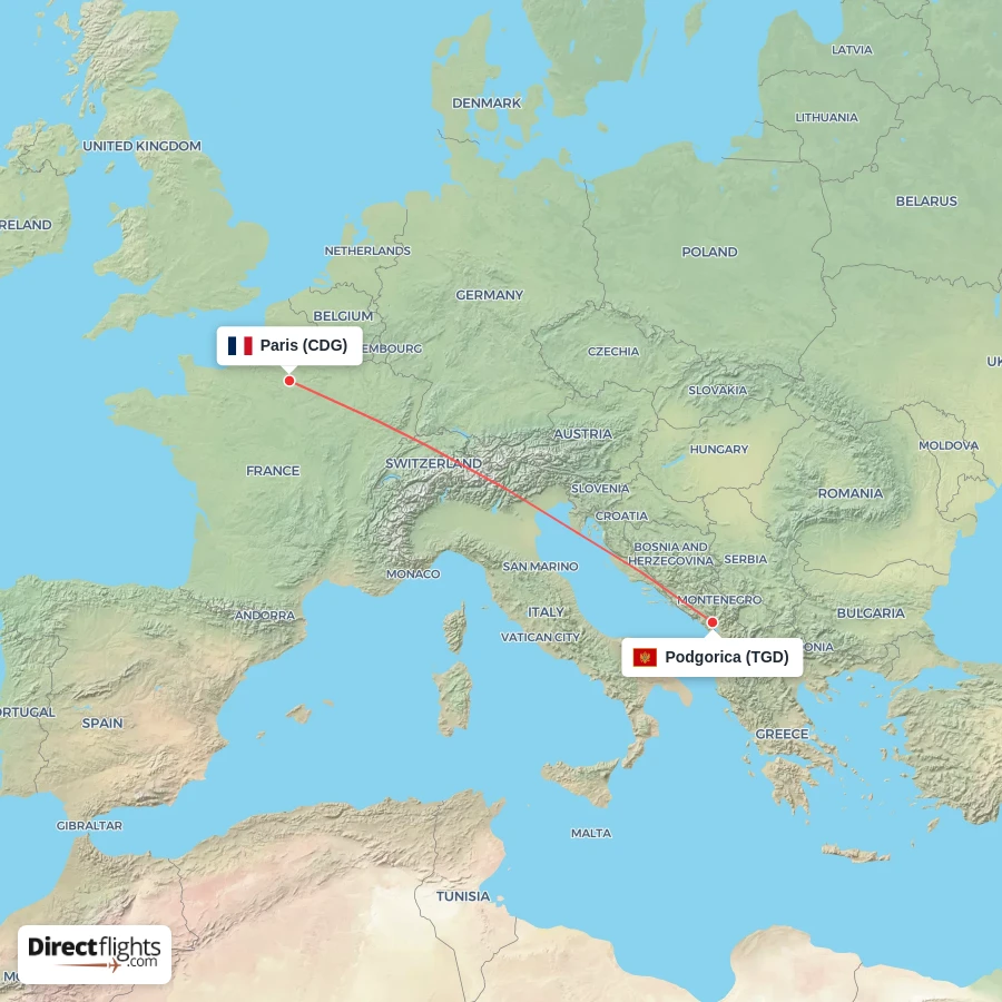 CDG - TGD route map