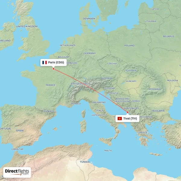 Paris - Tivat direct flight map