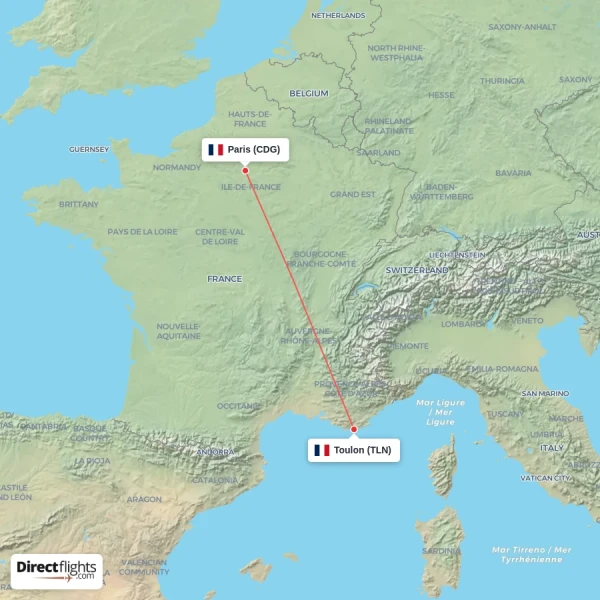 Paris - Toulon direct flight map