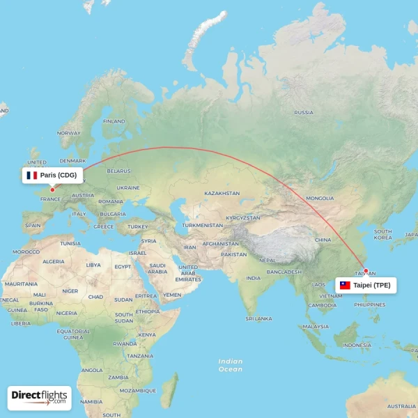 Paris - Taipei direct flight map