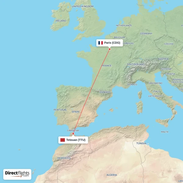 Paris - Tetouan direct flight map