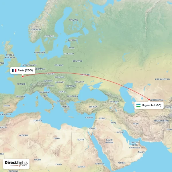 Paris - Urgench direct flight map