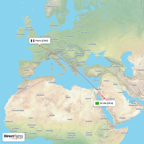 Paris - Al Ula direct flight map